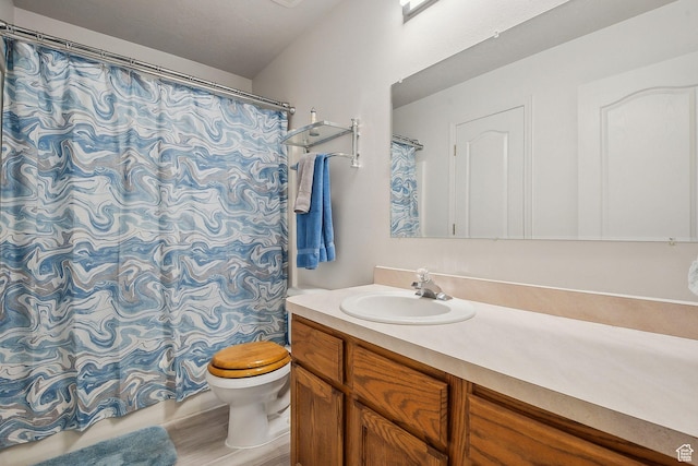 bathroom featuring curtained shower, vanity, and toilet