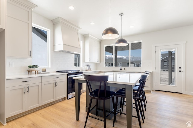 3062 N 2875 W Unit 24, Plain City, UT 84404 - kitchen with gas range, custom range hood, tasteful backsplash, a sink, and light countertops