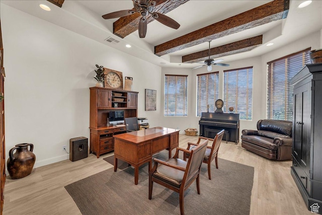 office area featuring visible vents, baseboards, light wood-style floors, beam ceiling, and a tray ceiling