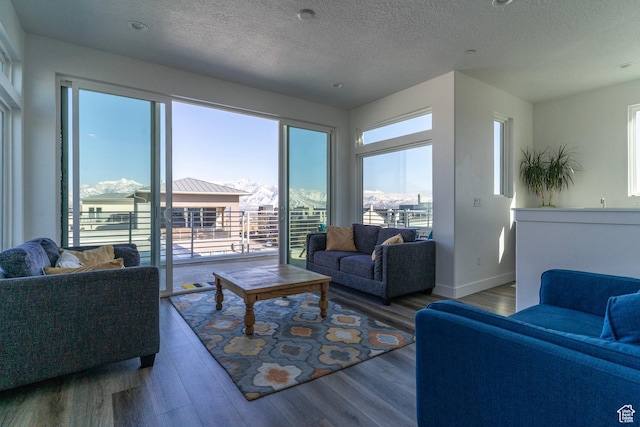 living area with wood finished floors, baseboards, and a textured ceiling
