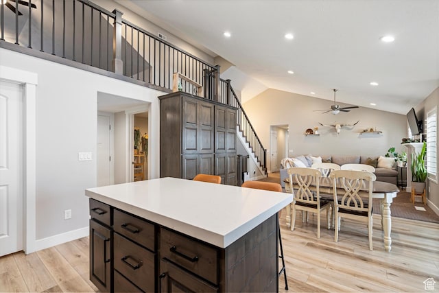 kitchen with dark brown cabinetry, open floor plan, light wood-type flooring, and a ceiling fan