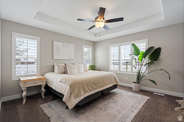 bedroom with a raised ceiling and multiple windows