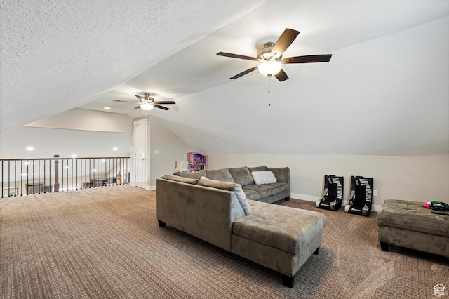 living area with lofted ceiling, carpet flooring, a ceiling fan, and a textured ceiling