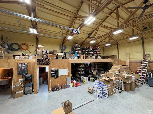 garage with a workshop area