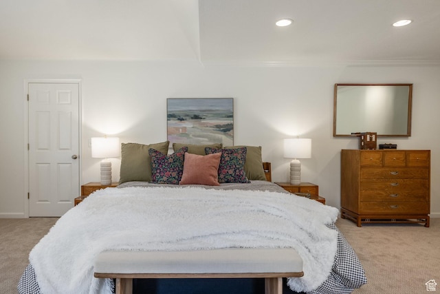 bedroom with carpet floors, recessed lighting, and baseboards