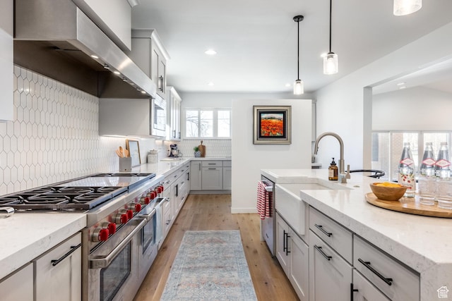 kitchen with wall chimney exhaust hood, stainless steel appliances, a sink, decorative backsplash, and light wood-style floors