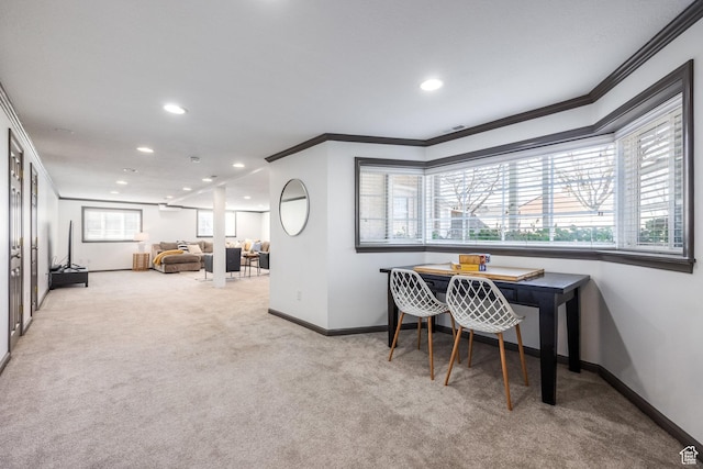 office area featuring crown molding, recessed lighting, carpet, and baseboards