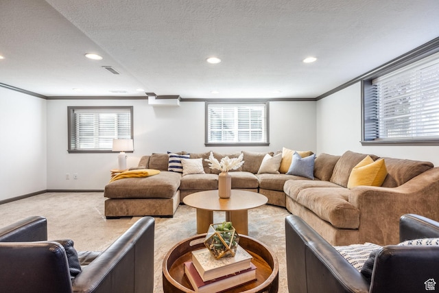 living area featuring light carpet, ornamental molding, recessed lighting, baseboards, and a textured ceiling