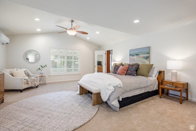 bedroom featuring light carpet, recessed lighting, ceiling fan, vaulted ceiling, and a wall mounted air conditioner