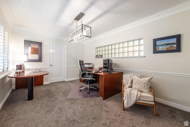 office area featuring ornamental molding, carpet flooring, and baseboards