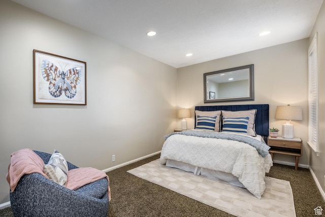 carpeted bedroom with baseboards and recessed lighting
