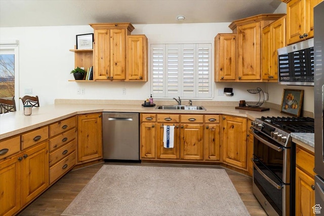 10285 N 7600 W, Tremonton, UT 84337 - kitchen featuring stainless steel appliances, dark wood finished floors, a sink, open shelves, and light countertops