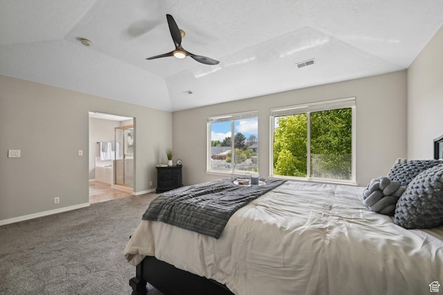 11732 S Lampton View Dr W, South Jordan, UT 84095 - carpeted bedroom with lofted ceiling, baseboards, ceiling fan, and ensuite bath