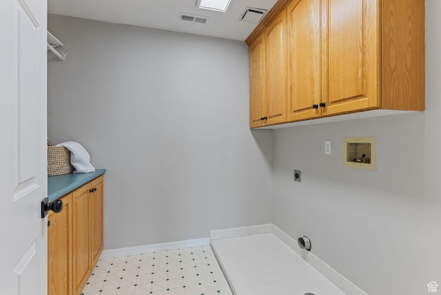 clothes washing area with electric dryer hookup, visible vents, washer hookup, cabinet space, and light floors