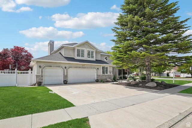 11732 S Lampton View Dr W, South Jordan, UT 84095 - view of front of house featuring driveway, a chimney, stone siding, a garage, and stucco siding