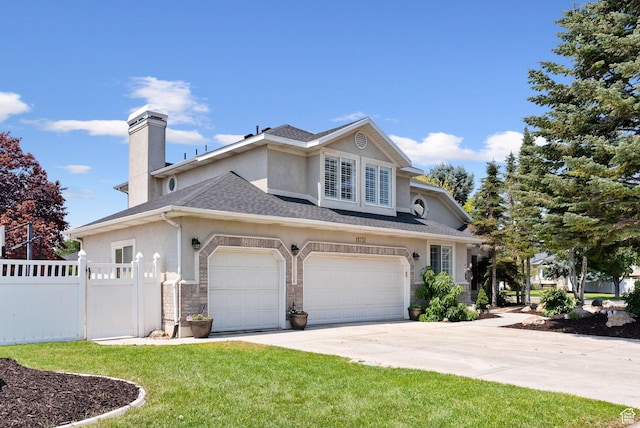 view of front of property with fence, a chimney, stucco siding, concrete driveway, and a front lawn