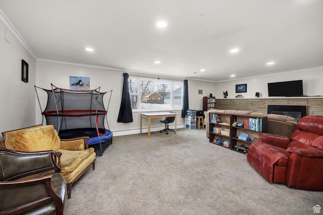 423 N 200 E, Tremonton, UT 84337 - living room featuring crown molding, recessed lighting, carpet flooring, baseboards, and a baseboard radiator