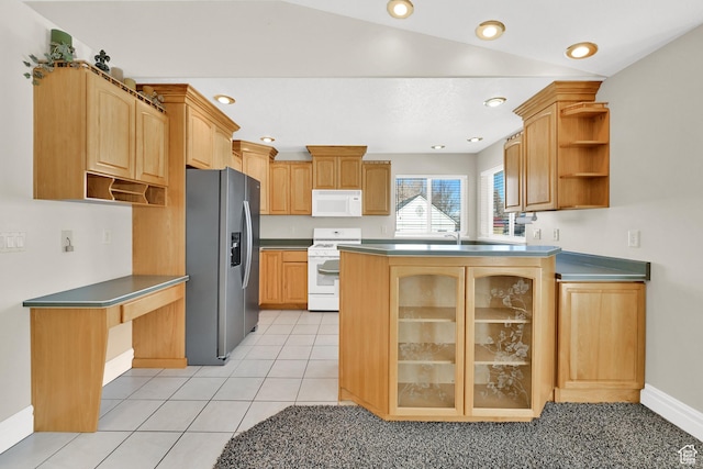 338 N 1090 W, Hyrum, UT 84319 - kitchen with white appliances, open shelves, a peninsula, baseboards, and glass insert cabinets