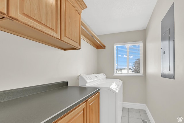 338 N 1090 W, Hyrum, UT 84319 - laundry room with electric panel, light tile patterned flooring, baseboards, washer and clothes dryer, and cabinet space