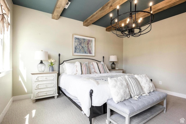 386 W Ascent Dr Unit 257, Hideout, UT 84036 - bedroom featuring beam ceiling, baseboards, a notable chandelier, and carpet flooring