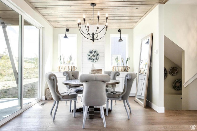 386 W Ascent Dr Unit 257, Hideout, UT 84036 - dining area featuring wooden ceiling, a notable chandelier, baseboards, and wood finished floors