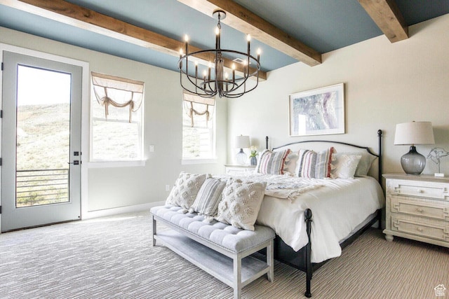 386 W Ascent Dr Unit 257, Hideout, UT 84036 - carpeted bedroom featuring a chandelier, beam ceiling, and access to exterior