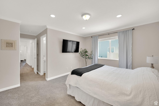 carpeted bedroom featuring crown molding, recessed lighting, and baseboards