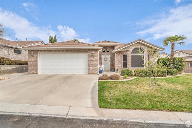 ranch-style home featuring a garage, driveway, a front lawn, and brick siding