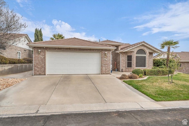 ranch-style house with a garage, brick siding, concrete driveway, a tiled roof, and a front lawn