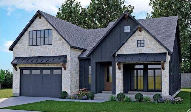 view of front of home with metal roof, a standing seam roof, and board and batten siding