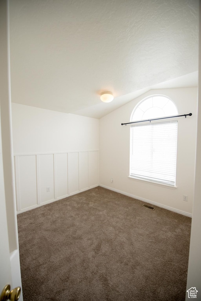 spare room with vaulted ceiling, carpet flooring, and visible vents
