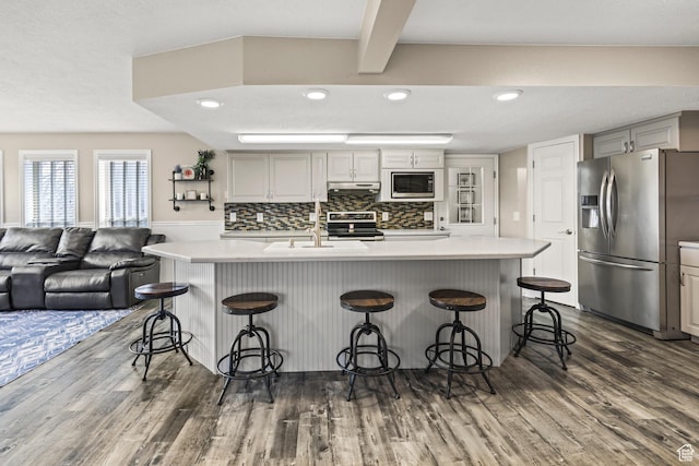 79 S 250 E, Aurora, UT 84620 - kitchen featuring appliances with stainless steel finishes, dark wood-type flooring, a sink, and under cabinet range hood
