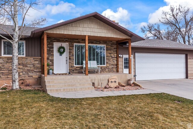 79 S 250 E, Aurora, UT 84620 - ranch-style home with driveway, a garage, a porch, roof with shingles, and a front lawn
