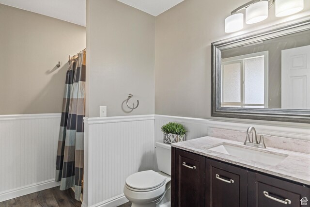 79 S 250 E, Aurora, UT 84620 - full bath with wainscoting, toilet, a shower with curtain, wood finished floors, and vanity