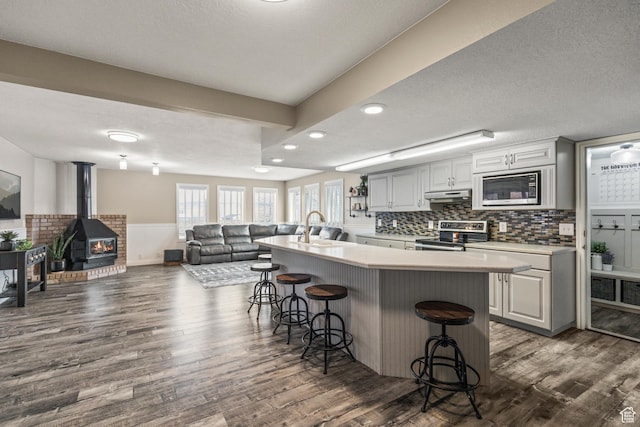 79 S 250 E, Aurora, UT 84620 - kitchen with under cabinet range hood, light countertops, appliances with stainless steel finishes, wainscoting, and a kitchen bar