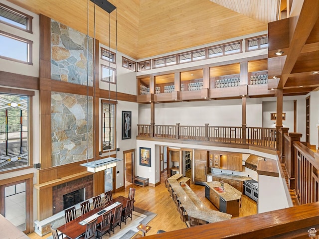 interior space featuring wood finished floors, a towering ceiling, and a fireplace