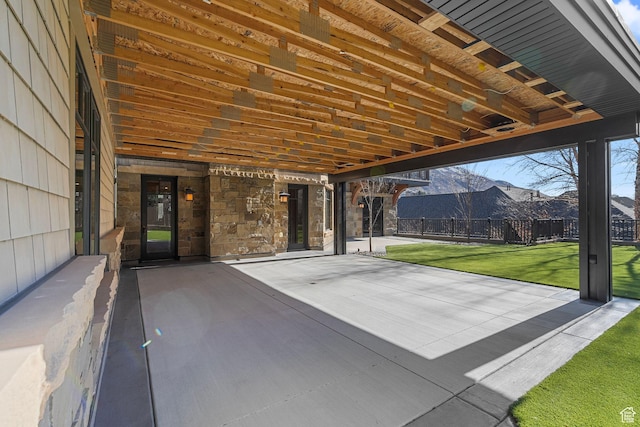 view of patio with a mountain view
