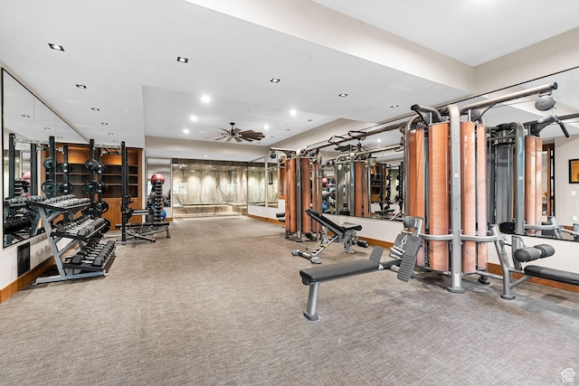 exercise room featuring carpet flooring, recessed lighting, and a ceiling fan