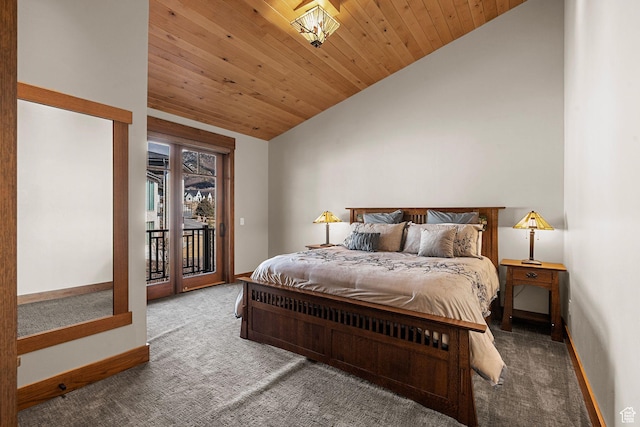 bedroom with high vaulted ceiling, access to outside, carpet floors, wooden ceiling, and baseboards