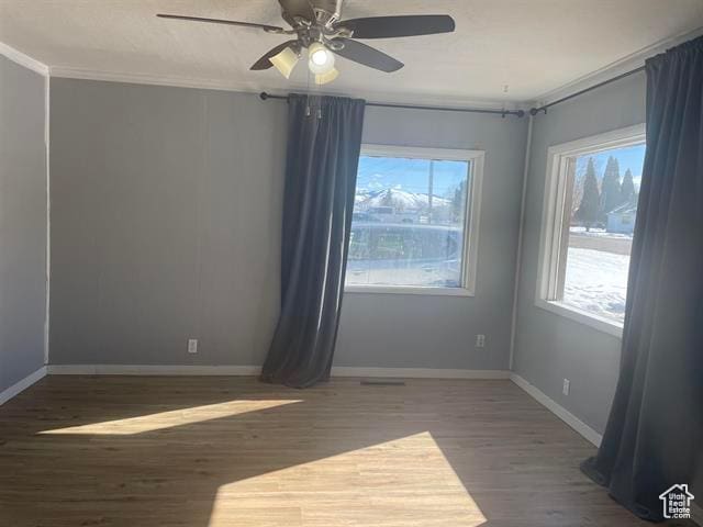 161 E 4th S, Soda Springs, ID 83276 - spare room featuring crown molding, wood finished floors, a ceiling fan, and baseboards