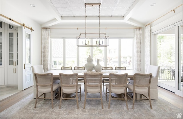 dining area with plenty of natural light, a barn door, light wood-style flooring, and a notable chandelier
