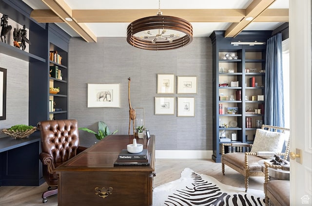 home office with wallpapered walls, baseboards, built in features, and beamed ceiling