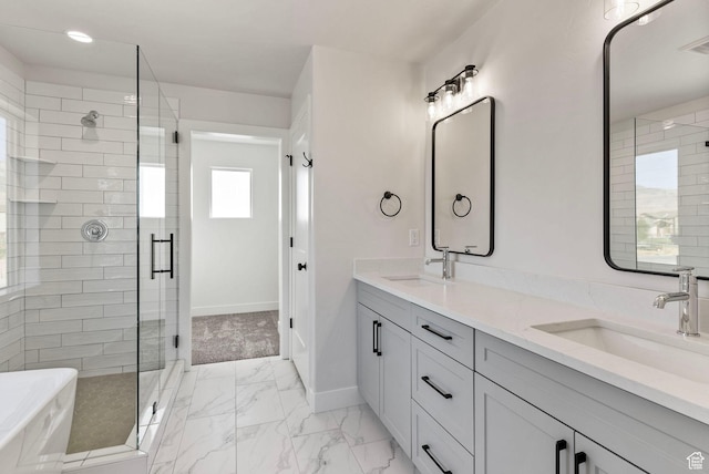 4068 Porter Ave, South Ogden, UT 84403 - bathroom featuring a shower stall, marble look tiles, double vanity, a bath, and baseboards