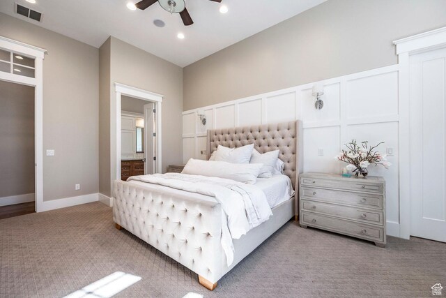 884 E Fence Post Rd S, Fruit Heights, UT 84037 - bedroom featuring carpet flooring, ensuite bath, recessed lighting, a ceiling fan, and a decorative wall