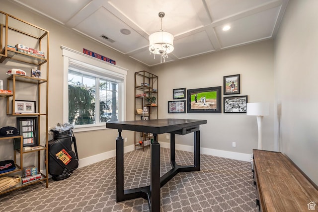 884 E Fence Post Rd S, Fruit Heights, UT 84037 - office with dark colored carpet, visible vents, a chandelier, coffered ceiling, and baseboards