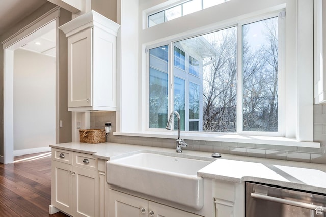 884 E Fence Post Rd S, Fruit Heights, UT 84037 - kitchen featuring a sink, white cabinets, light countertops, backsplash, and dishwasher