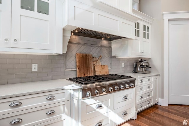 884 E Fence Post Rd S, Fruit Heights, UT 84037 - kitchen featuring glass insert cabinets, dark wood-style flooring, white cabinetry, and stainless steel gas stovetop