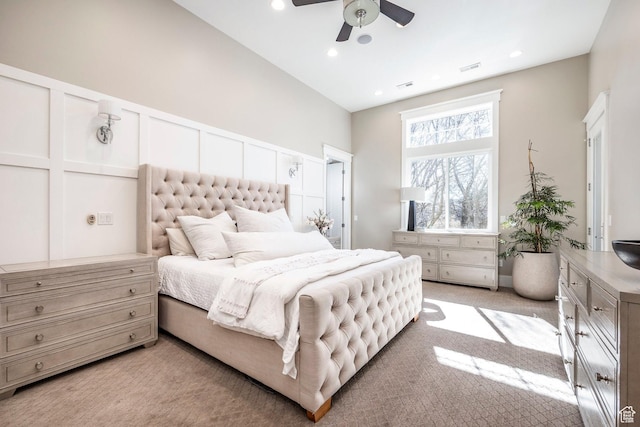 884 E Fence Post Rd S, Fruit Heights, UT 84037 - bedroom with recessed lighting, light colored carpet, a decorative wall, and ceiling fan