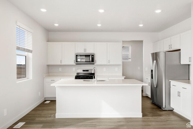 3537 S 3150 W Unit 106, West Haven, UT 84401 - kitchen with light countertops, a sink, wood finished floors, stainless steel appliances, and a kitchen island with sink