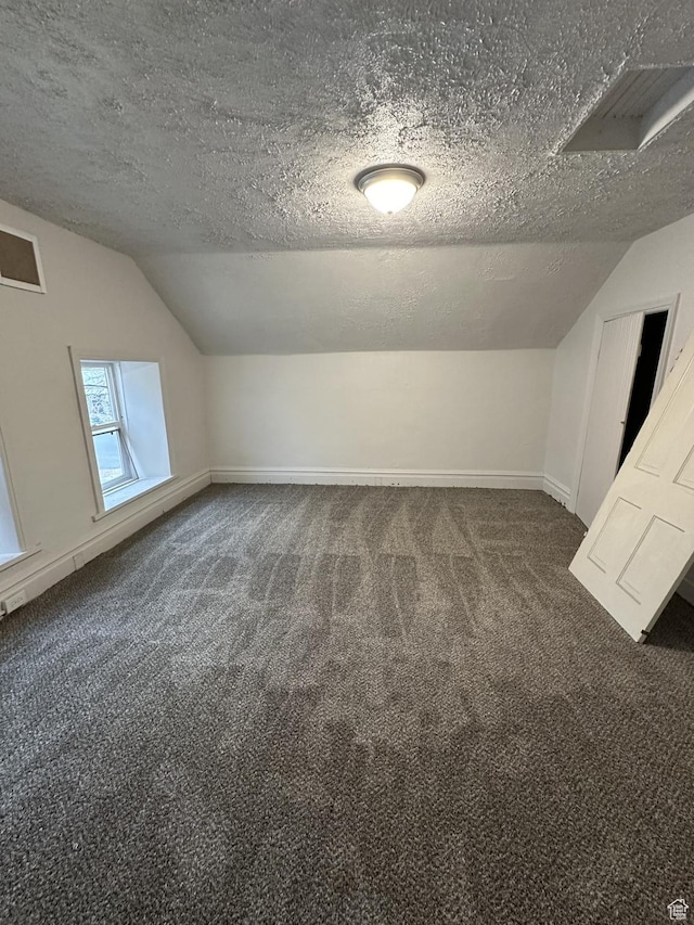 additional living space with vaulted ceiling, a textured ceiling, carpet floors, and baseboards